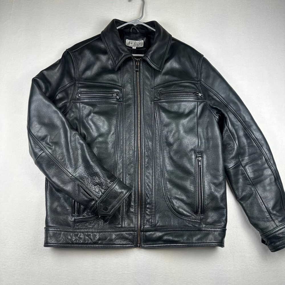 VTG Pelle Studio Leather Jacket Men M Black Full Zip Biker Moto Casual Outerwear